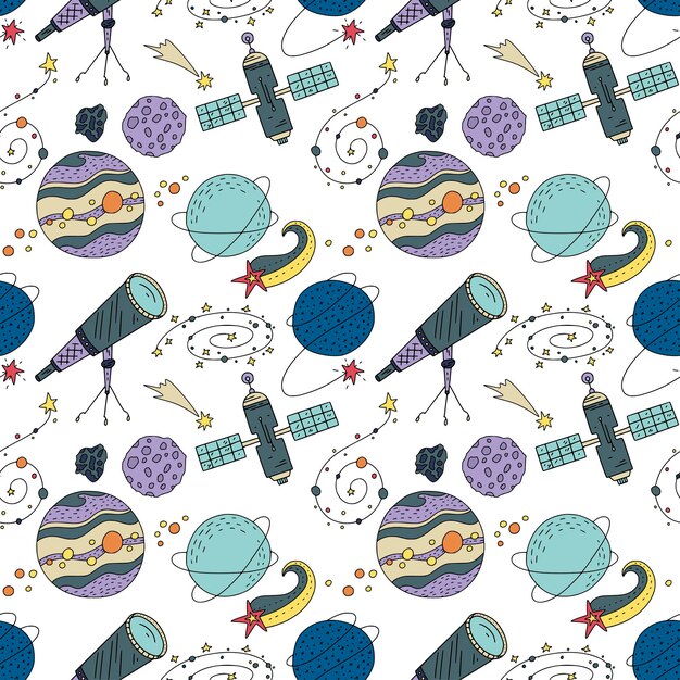 Patrón sin costuras con ilustraciones de garabatos de cosmos