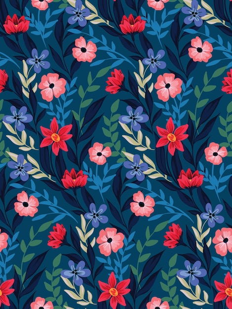 Patrón sin costuras Impresión floral con flores silvestres hojas ramas sobre un fondo azul Vector