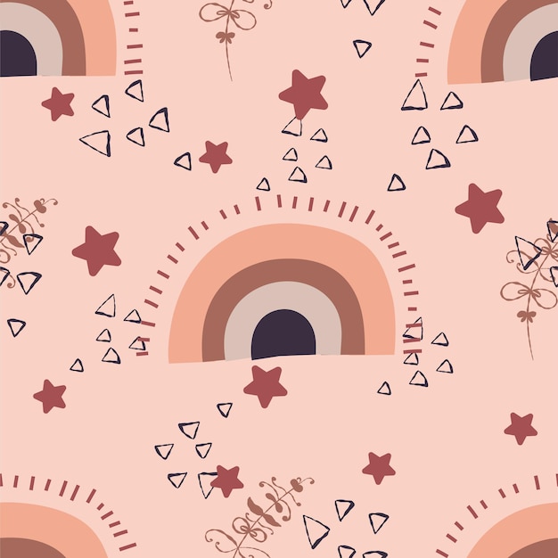 Patrón sin costuras infantil boho con arco iris y estrellas en colores naturales Fondo beige con formas orgánicas abstractas con estilo plano
