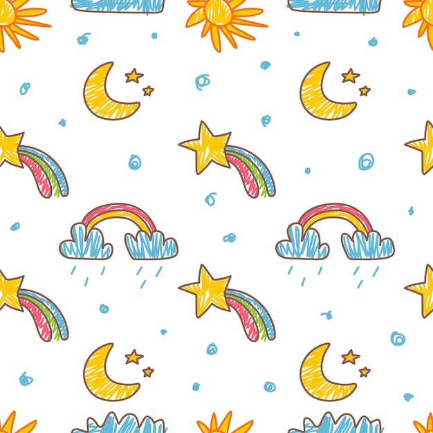 Patrón sin costuras infantil de clima Lápiz de colores dibujando arco iris del sol y nubes Diseño de papel tapiz de impresión de tela para niños de estilo de fondo vectorial para niños de clase