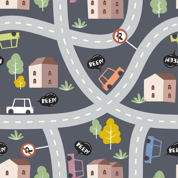 Patrón sin costuras infantil con coche en la carretera sin señal de estacionamiento casa y árbol Ilustración vectorial para niños ropa tee print camisetas textiles y otros medios