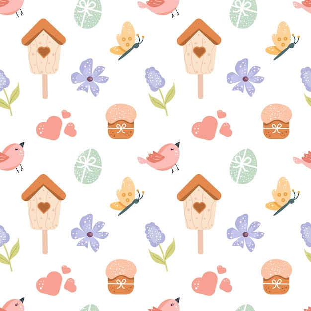Patrón sin costuras infantil elementos de diseño felices de Pascua en colores pastel alimentador de lilas de insectos de conejo