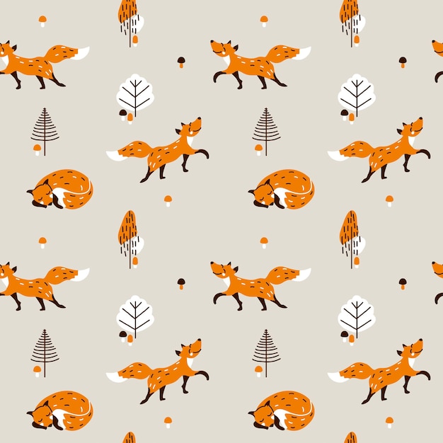 Patrón sin costuras infantil con lindo zorro en el bosque de otoño Ilustración con animales Vector