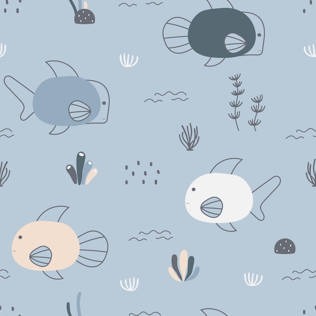 Patrón sin costuras infantil con peces lindos bajo el agua y fondo de animales marinos Utilizado para textiles de tela