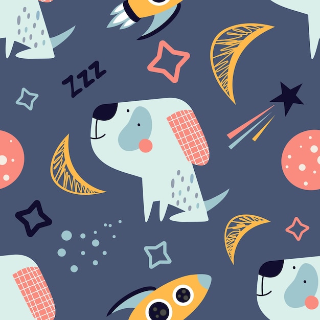 Patrón sin costuras infantil con un perro divertido y genial, estrellas, un cohete y un planeta en escandinavo.