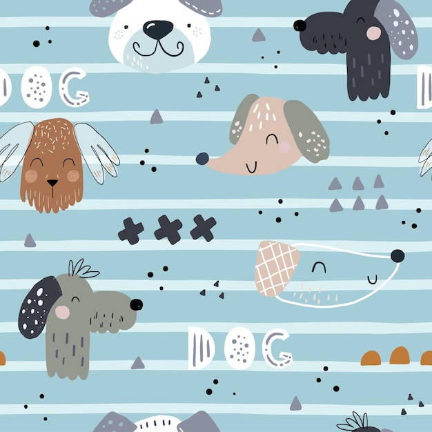 Patrón sin costuras infantil con perros dibujados a mano Fondo vectorial escandinavo de moda
