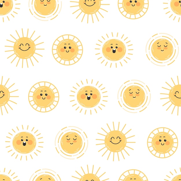 Patrón sin costuras infantil con el sol amarillo feliz sonriendo sobre un fondo blanco