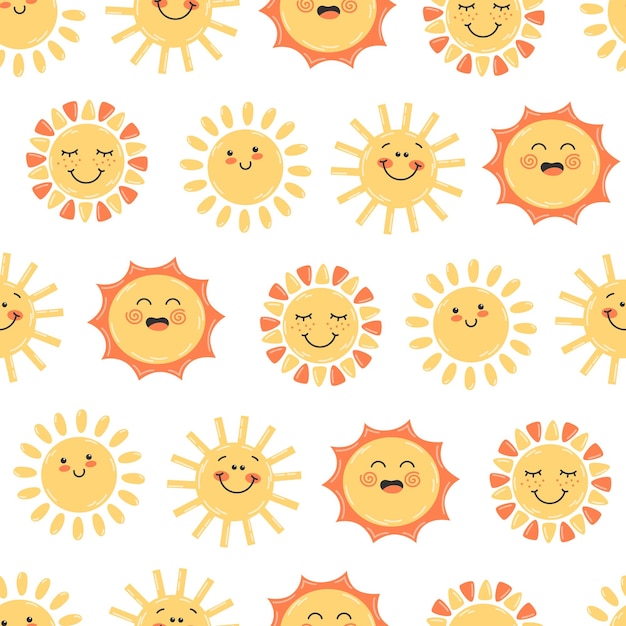 Patrón sin costuras infantil con el sol amarillo feliz sonriendo sobre un fondo blanco