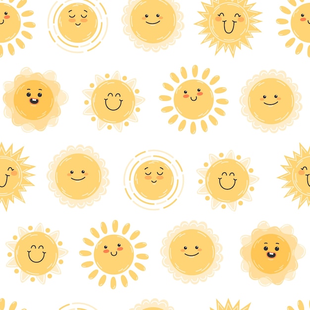 Patrón sin costuras infantil con el sol amarillo feliz sonriendo sobre un fondo blanco