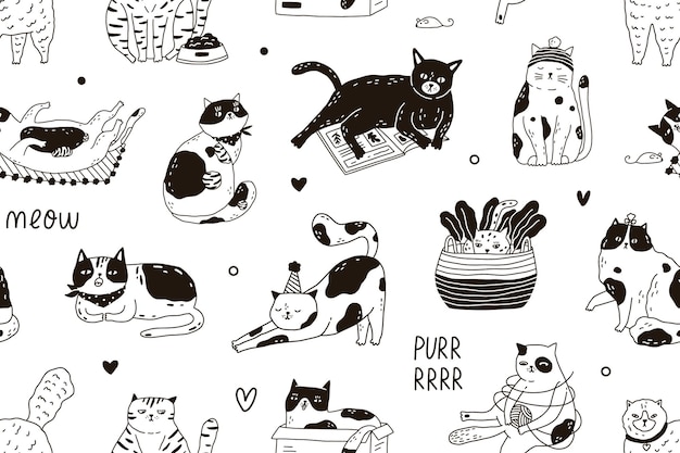 Patrón sin costuras con inscripción Meow y gatos divertidos y lindos jugando y durmiendo Fondo infinito en blanco y negro para imprimir Ilustración vectorial plana infantil dibujada a mano en estilo doodle