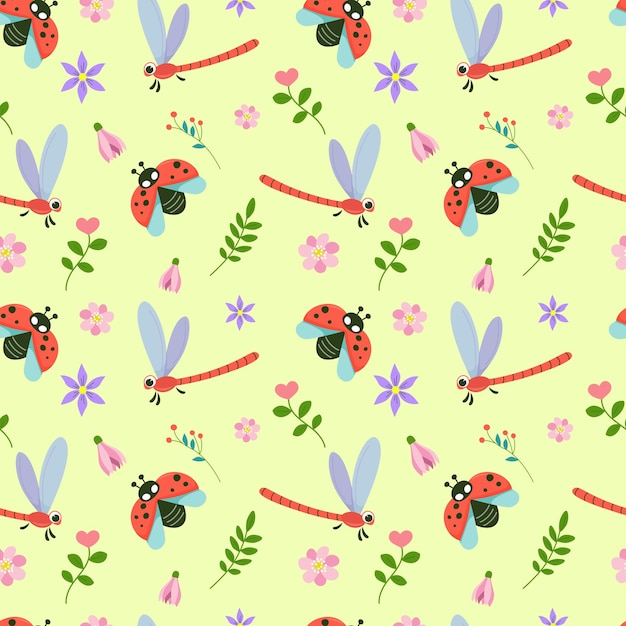 Patrón sin costuras de insectos lindos rodeados de flores de primavera personajes Kawaii