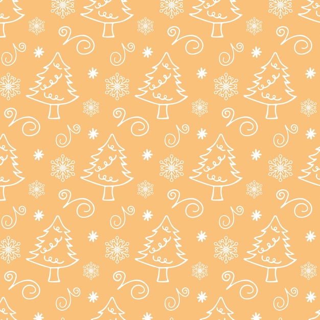 Patrón sin costuras de invierno con abetos y copos de nieve sobre un fondo amarillo Patrón de estilo Doodle en el panel de muestras