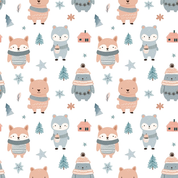 Patrón sin costuras de invierno con animales lindos Patrón de vector de Navidad Impresión infantil de vector dibujado a mano