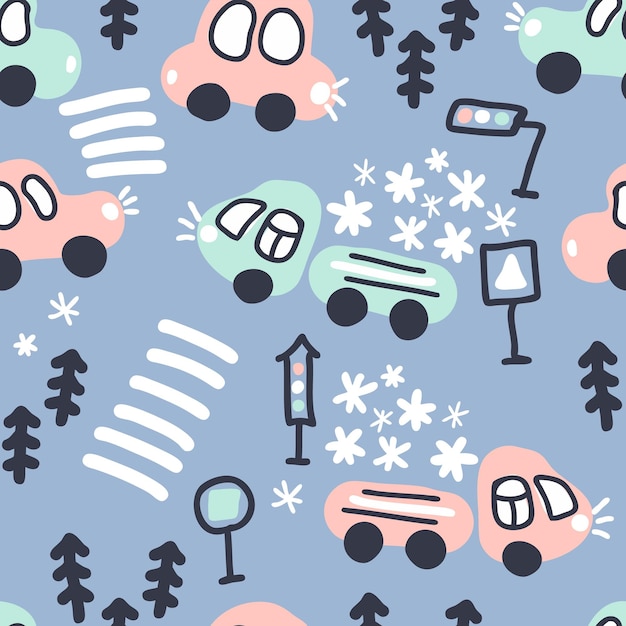 Patrón sin costuras de invierno de camiones que transportan nieve perfecto para textiles y estampados de camisetas ilustración vectorial dibujada a mano para decoración y diseño