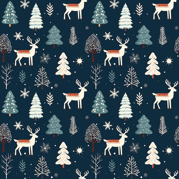 Patrón sin costuras de invierno con ciervos y árboles nevados Patrón vectorial de Navidad Fondo de invierno