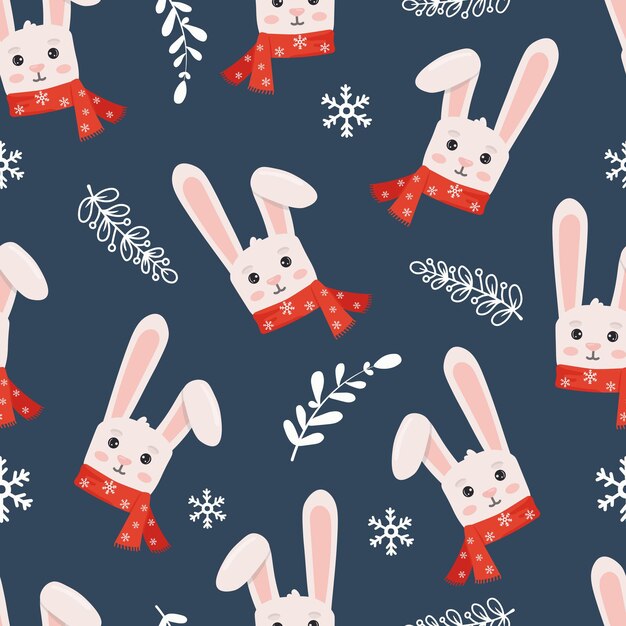 Patrón sin costuras de invierno con conejito en bufanda Perfecto para envolver tarjetas de felicitación de papel y diseño de temporada