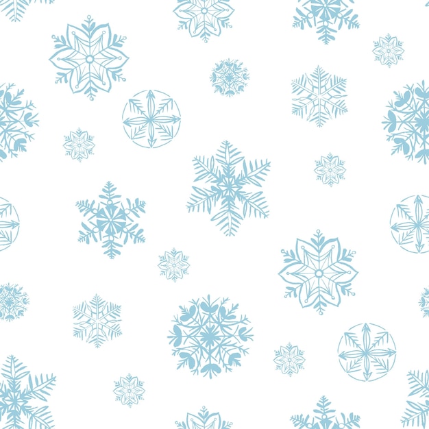 Patrón sin costuras de invierno de copos de nieve Copos de nieve azules claros sobre fondo blanco