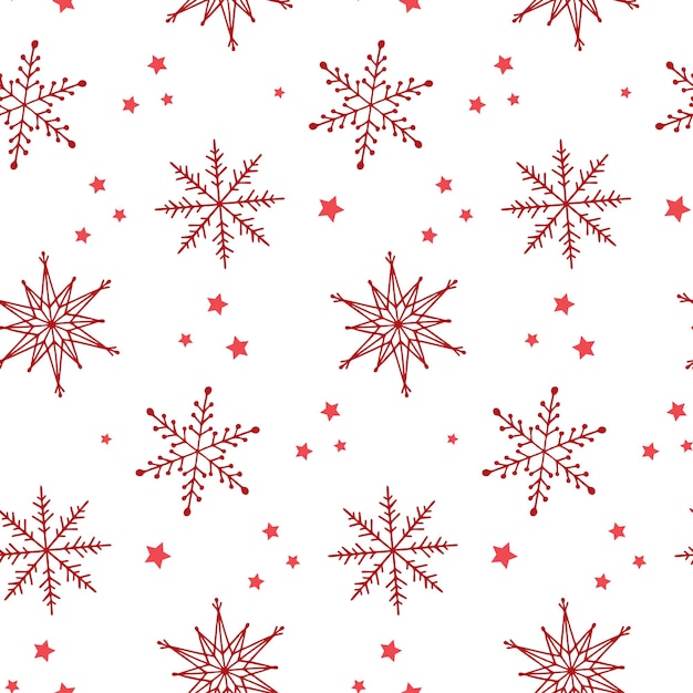 Patrón sin costuras de invierno Copos de nieve de garabato rojo y estrellas sobre fondo blanco Patrón para tarjeta de tela textil papel de regalo papel tapiz de invitación, etc. Ilustración vectorial