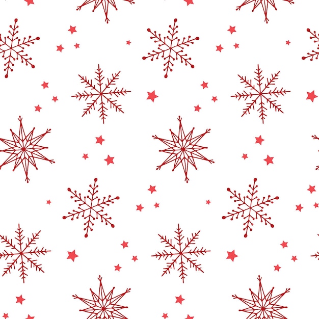 Patrón sin costuras de invierno Copos de nieve de garabato rojo y estrellas sobre fondo blanco Patrón para tarjeta de tela textil papel de regalo papel tapiz de invitación, etc. Ilustración vectorial