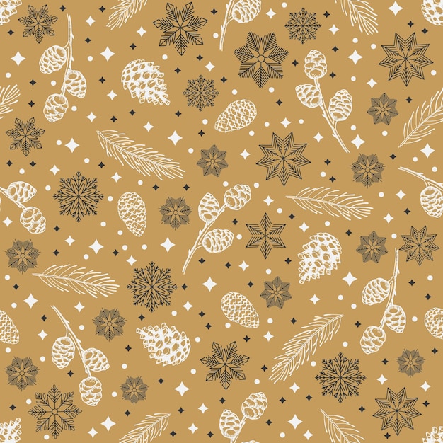 Patrón sin costuras de invierno floral dibujado a mano con juguetes de árbol de Navidad y copos de nieve Fondo de ilustración vectorial