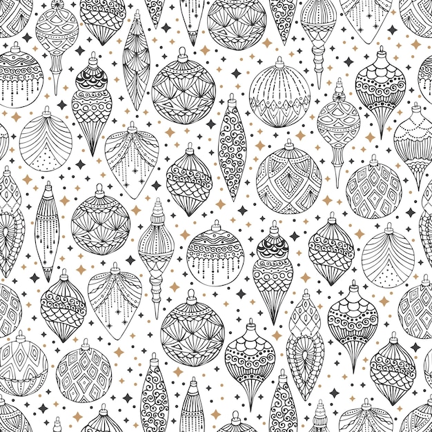 Patrón sin costuras de invierno floral dibujado a mano con juguetes de árbol de Navidad y copos de nieve Fondo de ilustración vectorial