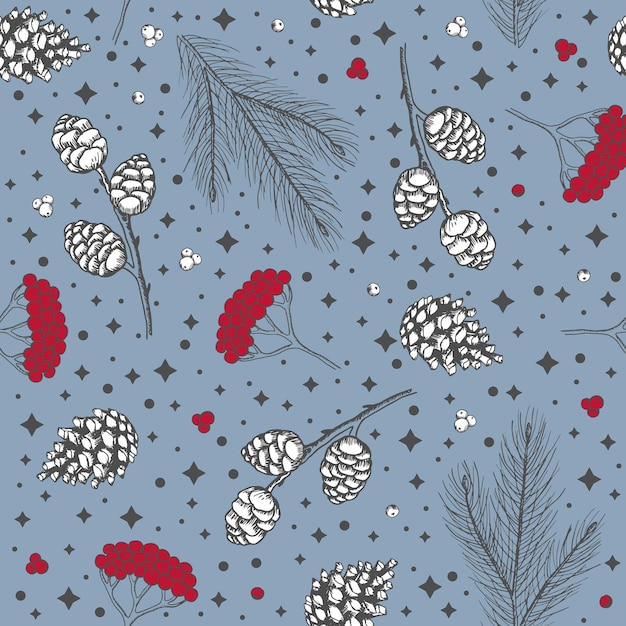 Patrón sin costuras de invierno floral dibujado a mano con juguetes de árbol de Navidad y copos de nieve Fondo de ilustración vectorial