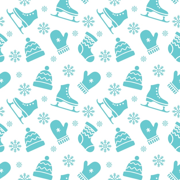 Patrón sin costuras de invierno con mitones patines sombrero calcetín copos de nieve vector de fondo de Navidad