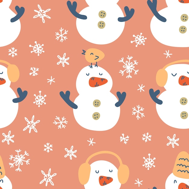 Patrón sin costuras de invierno con muñecos de nieve copos de nieve y pájaros Estampado infantil para tee papel tela textil Ilustración vectorial dibujada a mano para decoración y diseño