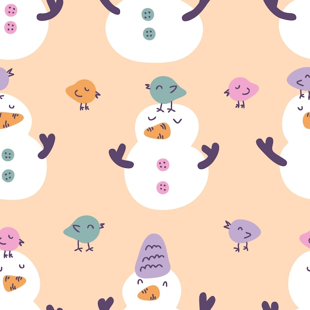 Patrón sin costuras de invierno con muñecos de nieve y pájaros estampado infantil para tela de papel tee ilustración vectorial dibujada a mano para decoración y diseño