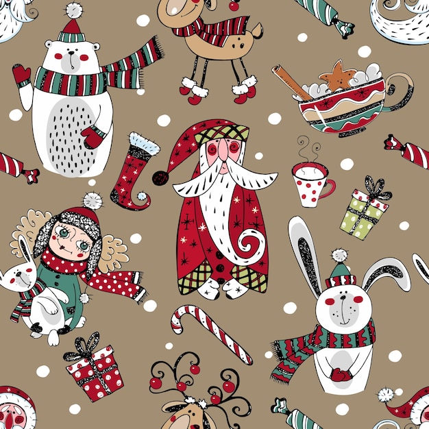 Vector patrón sin costuras de invierno de navidad con santa claus y animales de invierno estilo doodle vector