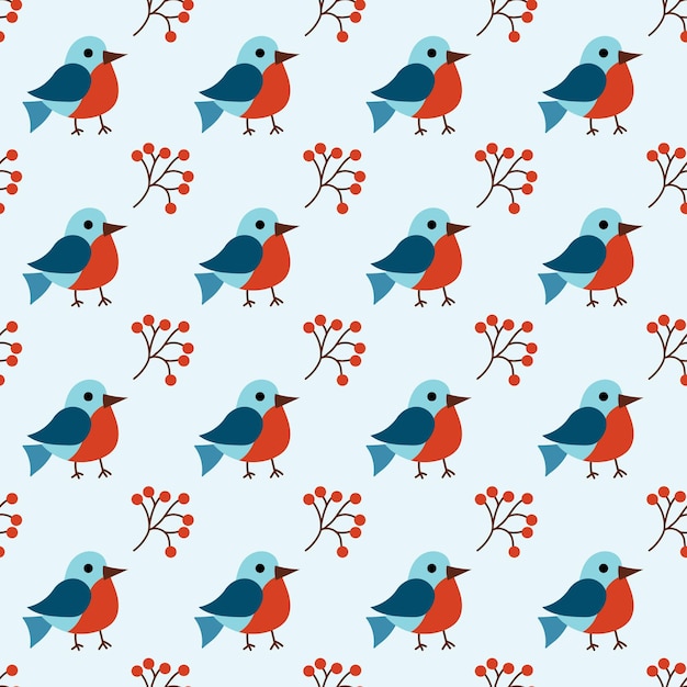 Patrón sin costuras de invierno navideño con lindos pájaros camachuelos y bayas de serbal