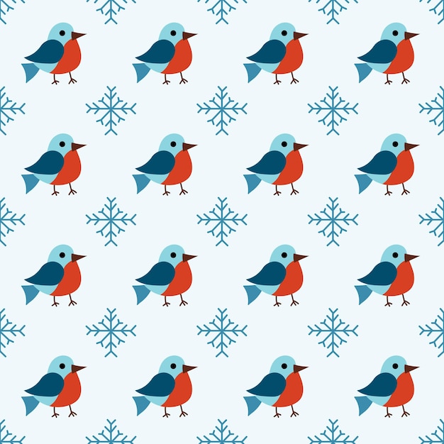Patrón sin costuras de invierno navideño con lindos pájaros camachuelos y copos de nieve Vector fondo plano