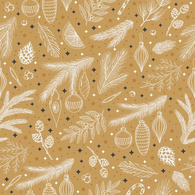 Patrón sin costuras de invierno con ramas de árboles de Navidad y bayas Fondo de ilustración vectorial