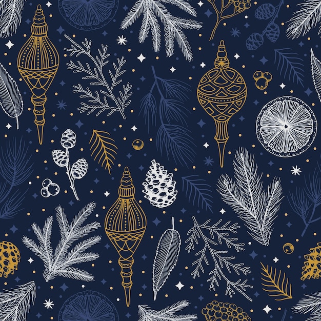 Patrón sin costuras de invierno con ramas de árboles de Navidad y bayas Fondo de ilustración vectorial