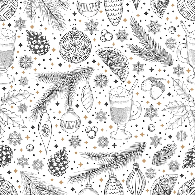 Patrón sin costuras de invierno con ramas de árboles de Navidad y bayas Fondo de ilustración vectorial