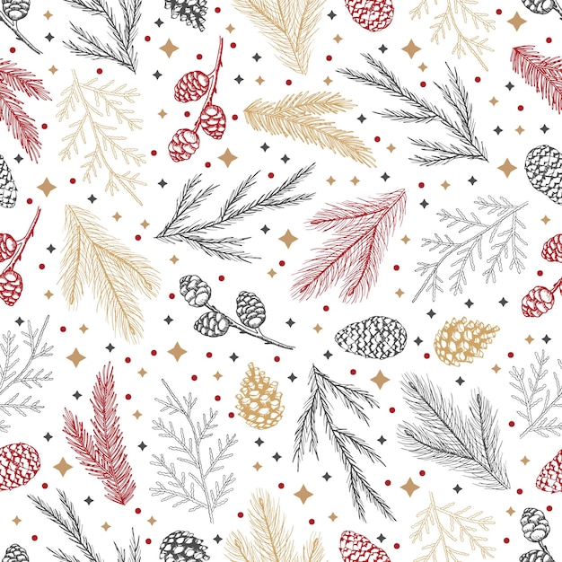 Patrón sin costuras de invierno con ramas de árboles de Navidad y bayas Fondo de ilustración vectorial