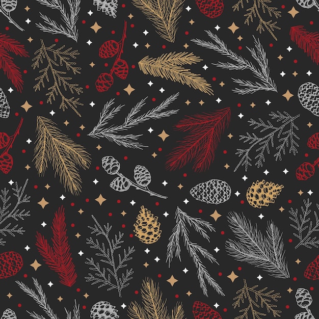 Patrón sin costuras de invierno con ramas de árboles de Navidad y bayas Fondo de ilustración vectorial