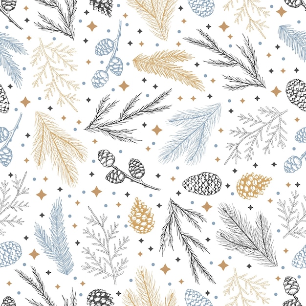 Patrón sin costuras de invierno con ramas de árboles de Navidad y bayas Fondo de ilustración vectorial