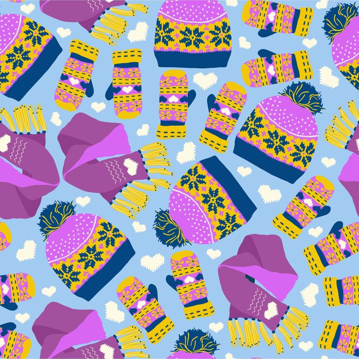 Vector patrón sin costuras de invierno con ropa de punto cálida accesorios violeta y amarillo mitones bufanda con gorra