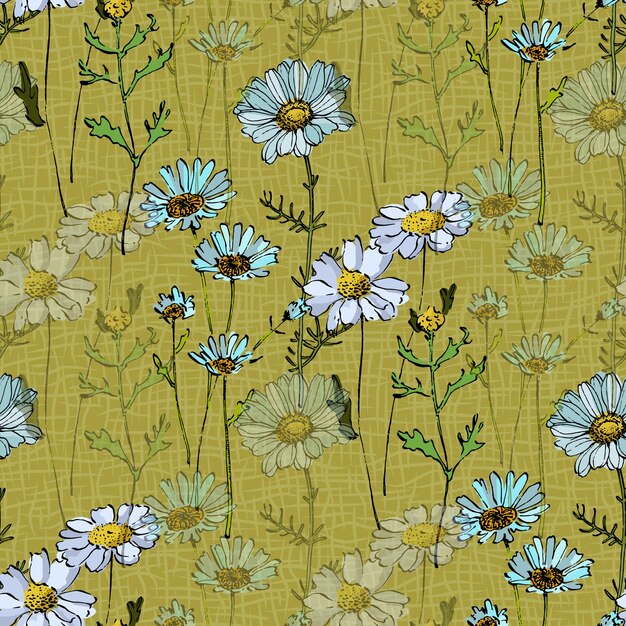 Patrón sin costuras con iris y margaritas Estilo de boceto de color fondo dibujado a mano Ilustración detallada dibujada a mano Ideal para embalajes de invitaciones de telas y impresiones textiles