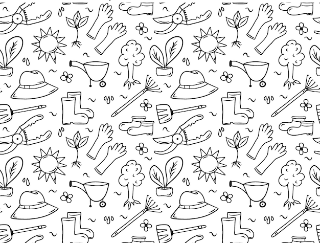 Patrón sin costuras de jardín Doodle con equipo de planta de pala Fondo agrícola dibujado a mano