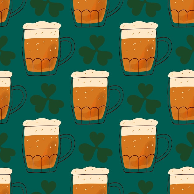 Vector patrón sin costuras con jarra de cerveza estilizada de ilustración sobre fondo verde para las vacaciones de stpatrick