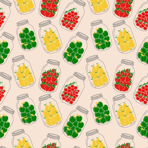 Patrón sin costuras con juego de frascos con fruta. Compota. Vector en estilo de dibujos animados.