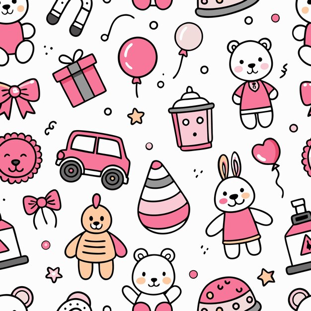 Patrón sin costuras con juguetes de animales de dibujos animados y accesorios para bebés