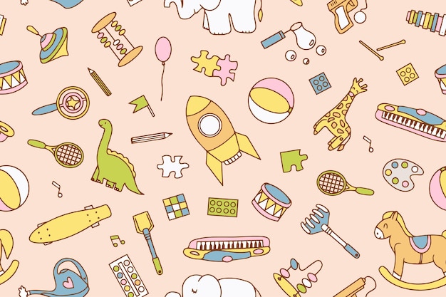 Patrón sin costuras con juguetes de color brillante en estilo doodle Diseño para envolver papel textil ropa de niños de 39 años embalaje de papel tapiz ilustración dibujada a mano vectorial