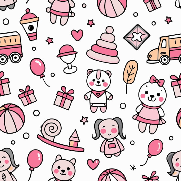 Patrón sin costuras con juguetes de dibujos animados y corazones en esquema de colores rosados