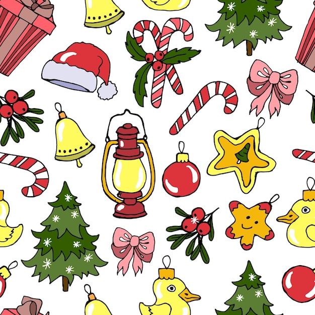 Patrón sin costuras, juguetes de Navidad, linternas, dulces y árboles de Navidad. Ilustración de dibujos animados, impresión