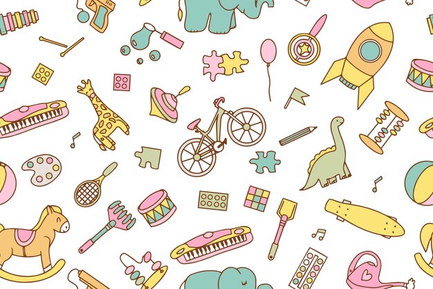 Patrón sin costuras con juguetes para niños sobre un fondo blanco Diseño para envolver papel textil para niños ropa papel tapiz embalaje Ilustración vectorial