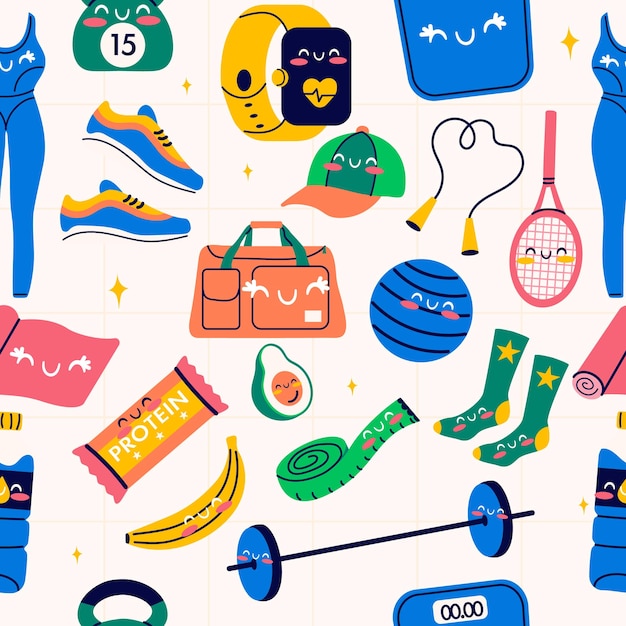 Patrón sin costuras kawaii de los elementos de inventario del gimnasio