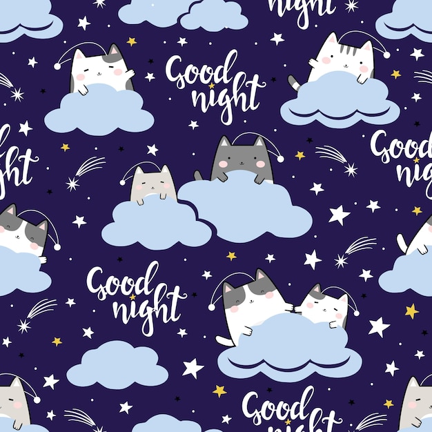 Patrón sin costuras Kawaii Gatos lindos durmiendo Dibujos animados Animales Fondo Vector Ilustración Buena Ni